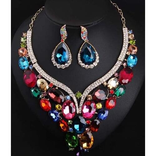 MYDANER New Fashion Top Quality Wedding Jewelry Sets for Women AAA CZ Glass Multicolor Flower Bridal Earrings and Necklace Sets