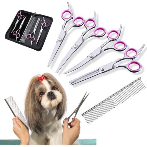 5pcs Stainless Steel Pet Dogs Grooming Scissors Cat Hair Thinning Shear Sharp Edge Dog Cutting Kitten Animal Barber Cutting Tool
