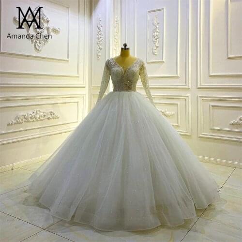 Wholesale Long Sleeve V-neck Crystal Glitter Wedding Dress