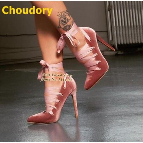 Choudory Pink Velvet High Heel Wedding Shoes Pointed Toe Cross Strappy Lace-up Gladiator Pumps Nighclub Women Heels Size47