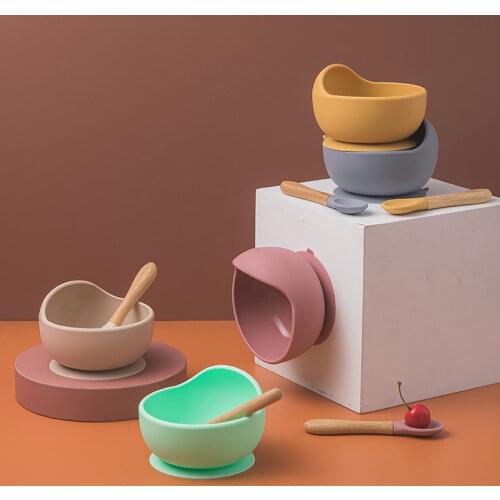 Baby Silicone bowl Strong Sucker Waterproof Wooden Spoon Non-Slip Feedings Baby Plate Silicone Tableware High Quality Silicone