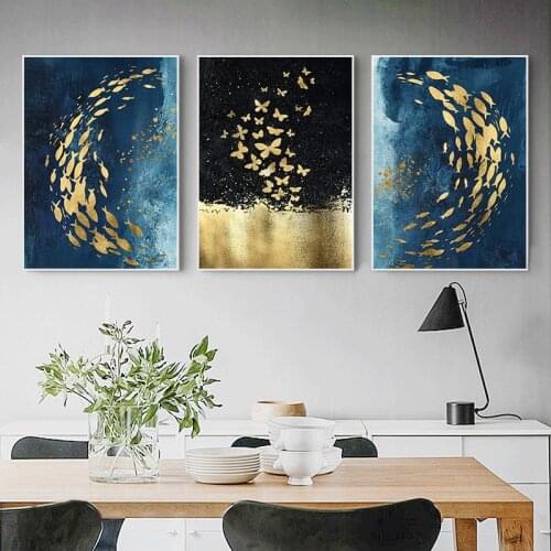 Nordic Golden Black Fish Butterfly Wall Art Canvas Print Canvas Painting Decorative Picture for Living Room Home Decor