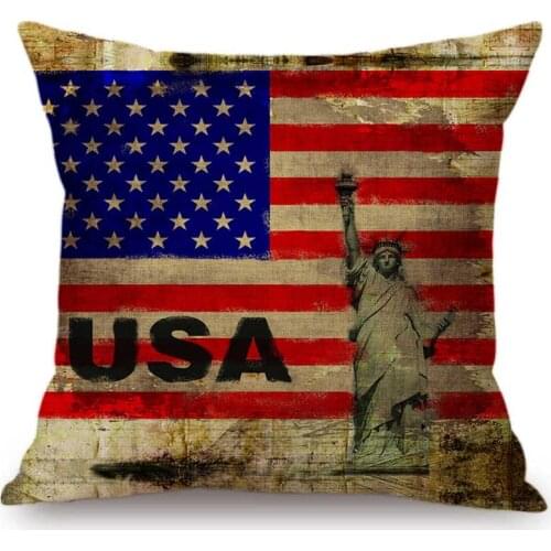 Vintage Retro National Flag US England Canada France Landmark Building Home Decorative Throw Pillow Cotton Linen Cushion Cover