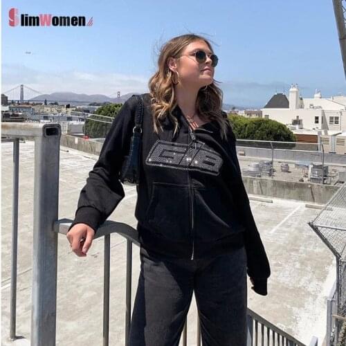 Y2k Rhinestone Letter Glitter Oversized Hoodies Autumn Long Sleeve Zipper Black Warm Fleece Sweatshirts Winter Outfits Clothes