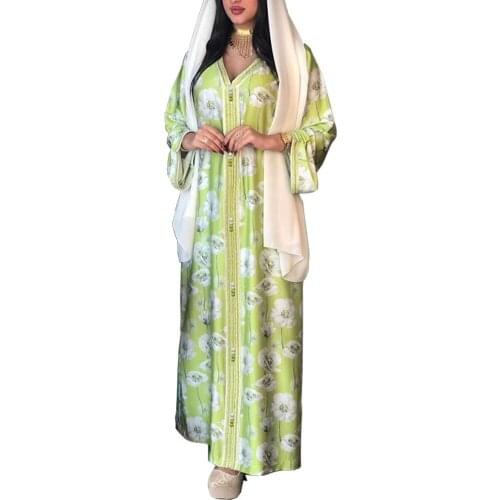 Green Floral Jalabiya Dubai Abaya Dress For Women Eid 2021 Moroccan Caftan Turkey Arabic Muslim Islamic Clothing New