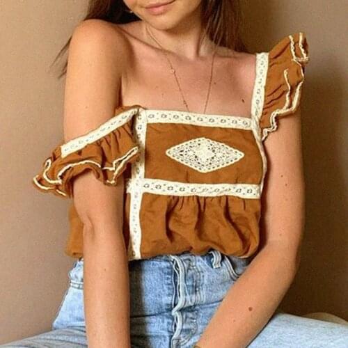 Ruffles Shirts Women Lace Patchwork Sleeveless Camisole Blouse Square Collar 2021 Backless Sexy Mujer Femme Tops Elegant Shirt