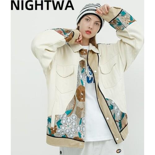 NIGHTWA 2021 New Coat Women Flower Embroidery Jacket Couple Tops Punk Style Coat Ladies Cardigan High Quality Baseball Uniform