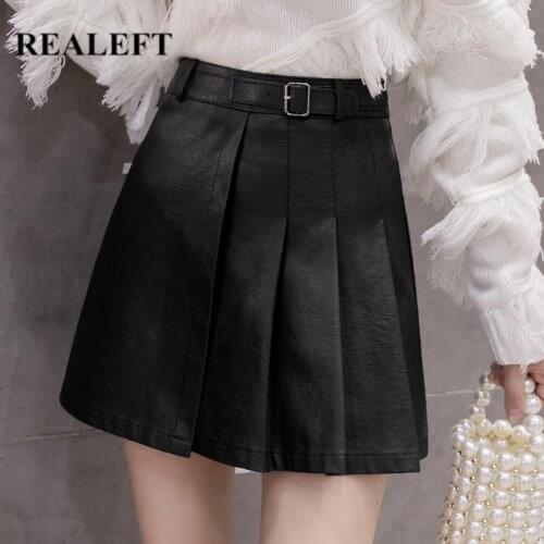 REALEFT 2020 New Autumn Winter PU Leather Skirts High Waist Chic Sashes Mini Skirts Minimalist Pleated Skater Skirts Womens