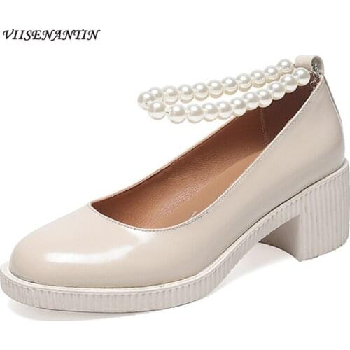 Pearls Can Be Worn Two Single Shoes Women 2021 New Korean Fashion Retro High Heels Thick Heel Mid-heel Mary Jane Shoes