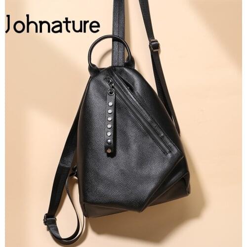 Johnature Autumn Winter 2021 New Fashion Backpack Top Layer Cow Leather Women Bag Casual Korean Large Capacity Travel Bags