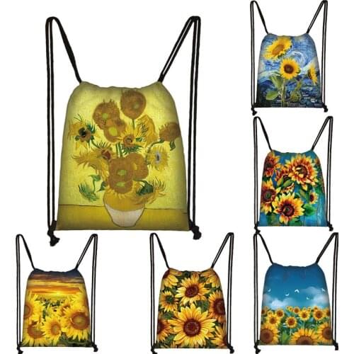 Yellow Sunflower Drawstring Bag Women Canvas Storage Bags Van Gogh Sunflower Starry Night Backpack Ladies Travel Bag Gift