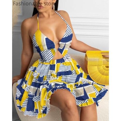 Women Sexy Cami Deep-V Floral Print Frill Hem Dress