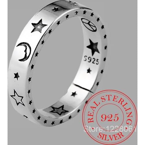 100% 925 Sterling Silver Women Moon Star Open Ring Smiling Face Finger Rings Lady Vintage Fine Party Jewelry Gift/jkjdkfja