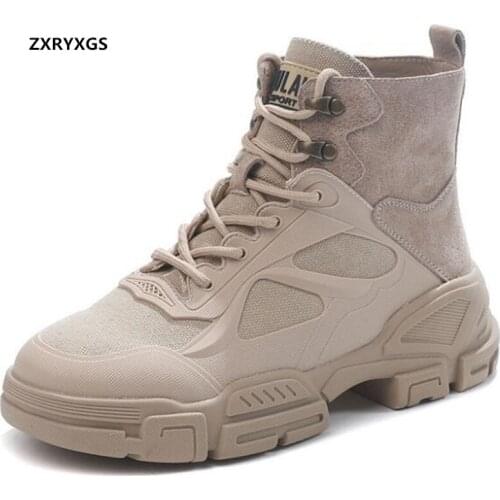 2021 New Spring Genuine Leather Canvas Stitching Martin Shoes Woman Ankle Boots Trend Thick Bottom Comfortable Womens Boots