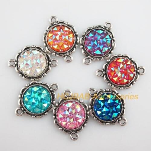 7 New Flower Charms Tibetan Silver Tone Retro Mixed Round Resin Connectors 19x27mm
