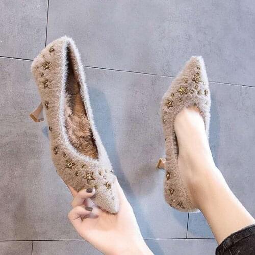 Hairy Shoes Womens Winter wear 2020 New Autumn Shoes Fashion Net Red High Heels Female Pointed Toe Stiletto Shallow Shoes