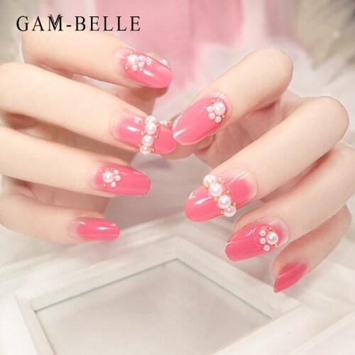 GAM-BELLE Long Oval Fake Nails 3D Pearl French Pink Artificial Press On Nails Tips Wedding Decoration DIY Manicure Nail Tools