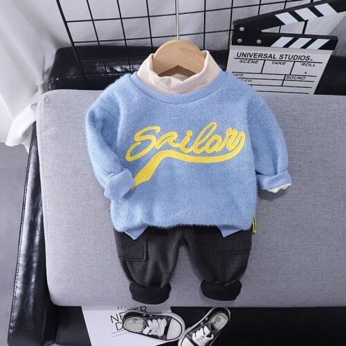 Baby Boys Girls Clothing Sets Autumn Winter New Kids Infant Letter Thickening Sweater+Black Pants Toddler Casual Clothes Suits