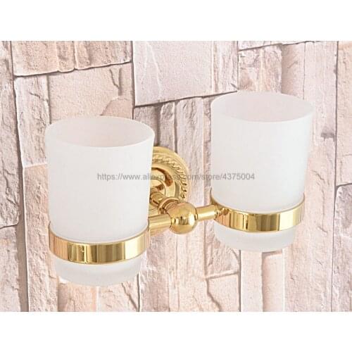 High Quality Bathroom Gold Color Brass Toothbrush Holder + Two Glass Cups Wall Mounted Bathroom Accessories Nba598