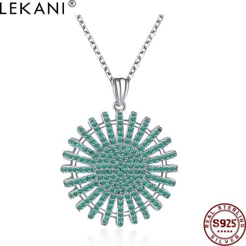 LEKANI Sterling Silver 925 Jewelry Hollow Round Flower Pendant Necklace For Women Trendy Green Full Cubic Zirconia Necklaces