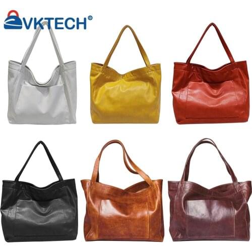 Fashion Women Oil Wax Soft PU Leather Solid Color Shoulder Shopping Bag Casual Ladies Large Capacity Bucket Tote Handbags