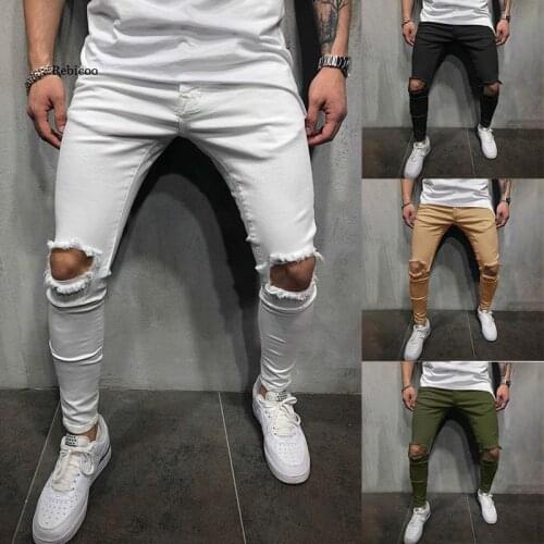 Men Pants Small Feet Fashion Casual All-Match Solid Color Ripped Middle Waist Casual Tight Mens Trousers