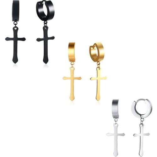 Mens Womens Silver Color Gold Black Surgical Stainless Steel Hoop Huggie Earrings Cross Drop Dangle Earrings Set Hypoallergenic