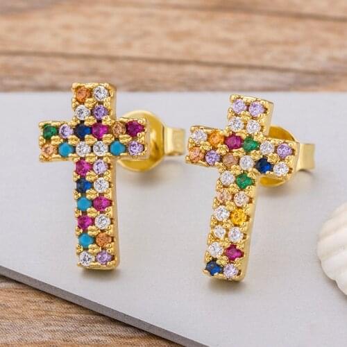 Top Quality Rainbow Cross Stud Earrings Gold Color Micro Pave CZ Delicate Fashion Women Girls Fine Party Jewelry Gift