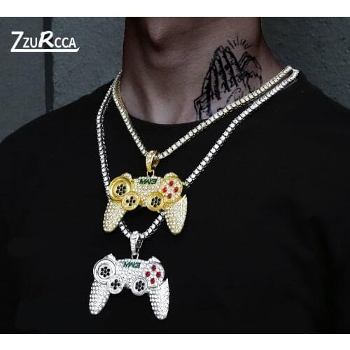 Crystal Paved Gamepad Pendant Necklace Iced Out Link Chain Gold Color Necklace for Men Fashion Hip Hop Jewelry