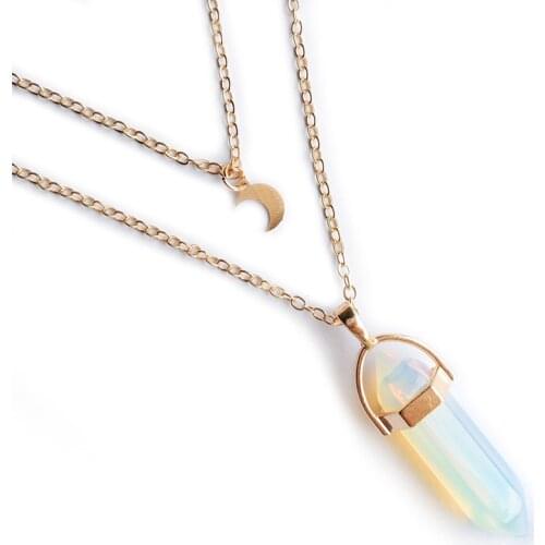 2PCS/SET NEW Natural Crystal Stone Collarbone Necklace Chakra Hexagon Opal Pendant Necklace Female Quartz Crystal Necklace Gift