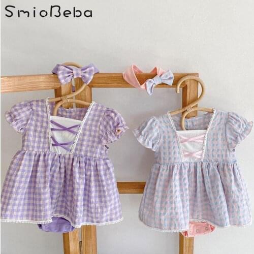 Baby Girls 100 Day Banquet Rompers With Headband Dress Princess Plaid One Piece Bodysuit Newborn 1-3 Years Korean Purple Outfits