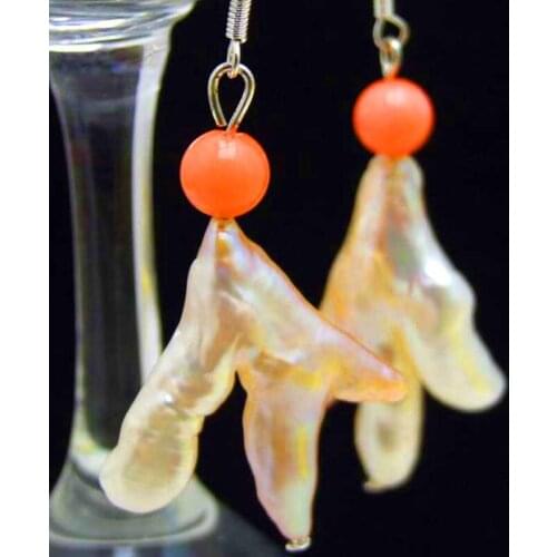 Qingmos Genuine 20*30mm Baroque Chicken Toe Freshwater Pink Pearl Earring for Women with Pink Coral Dangle Earring Jewelry e509