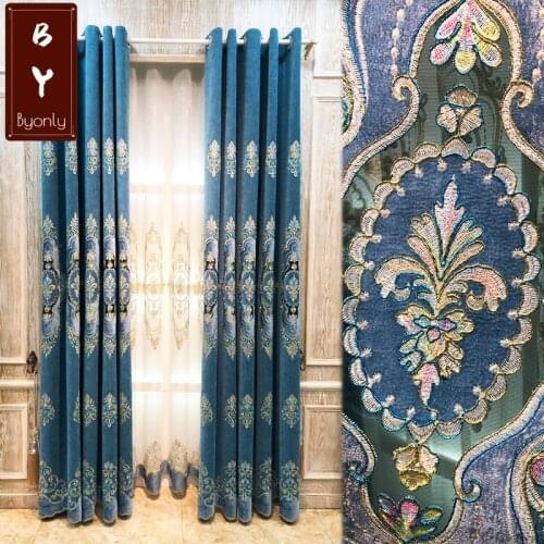 Luxury High-end European Blue Snowney Embroidered Hollow Curtains and Screens Curtains for Living Dining Room Bedroom