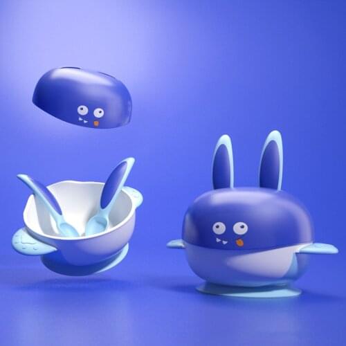 Silicone Stainless Steel Sucker Bowl with Lid Straw Handle Solid Soup Food Self Feeding for Baby Kids Children Creative Gift