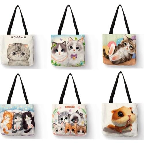 3D Printed Super Lovely Kitten Cat Printed Shoulder Bag for Girls Eco Linen Reusable Tote Bag Daily Casual School Book Handbag