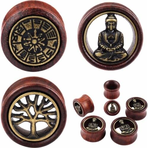 TUMBEELLUWA 1Pc Wood Brass Tree Of Life Buddha Flesh Tunnels Expander Ear Gauges Earring Plugs