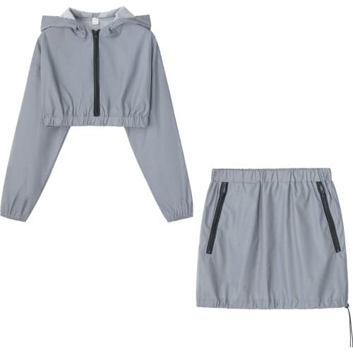 XUANCOOL Women Sexy Nightclub Reflective Suit Short Hooded Tops Mini Skirt Luminous Suit 2020 Summer Skirts and Tops Set