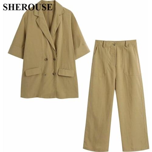 2021 New Women Two Pieces Set Oversized Half Sleeve Blazer and Loose Trousers Suit Fashion Casual Chic Lady Outfits Women Suit