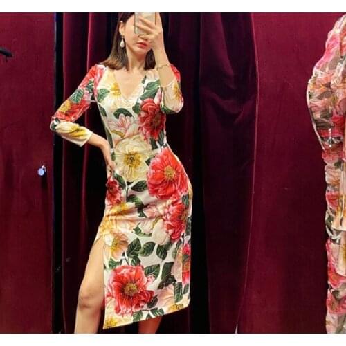 Summer 2021 Women Dress Camellia Print Silk Satin Floral Midi V-neck High Quality Sicily Gorgeous Runway Fashion Vintage Luxury