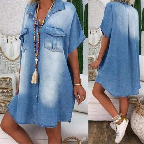 Plus Size Denim Dresses Summer Women Button V-Neck Poacket Dress 2021 Casaul Short Sleeve Beach Party Dress Loose Mini Sundress
