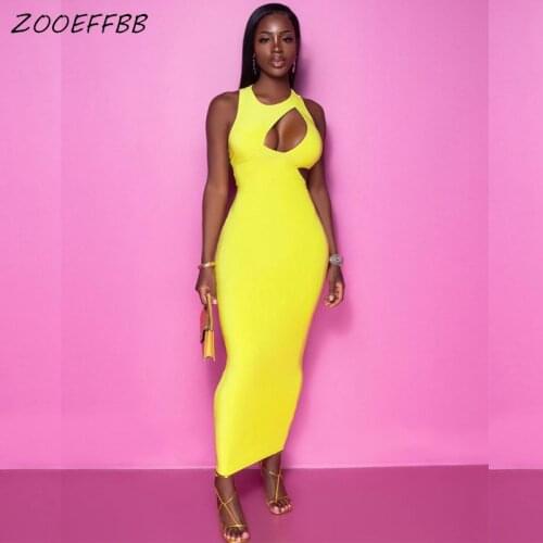 ZOOEFFBB Sexy Yellow Bodycon Long Maxi Dress Birthday Outfits for Women Summer Sundress Rave Festival Night Party Club Dresses