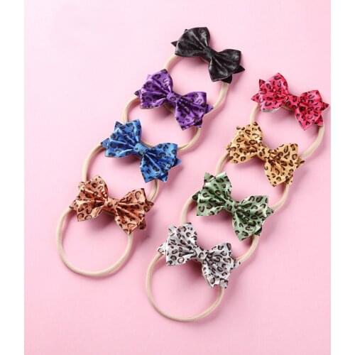 16 pcs/lot , Leopard print Faux Leather Bow Baby Headbands, One Size Fits Most Nylon Elastic Headbands Newborn baby Photo Prop
