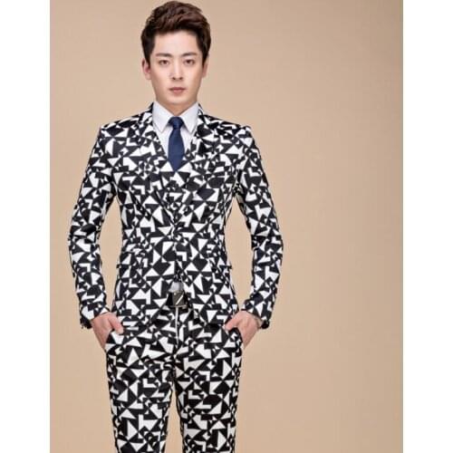 2020 new arrival white black printing slim men suit mens wedding suits korean singer stage formal dress mens groom suit + pant