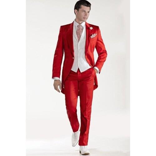 2021 Red Italian Design Men Suit Tailcoat Wedding Suits For Me Groomsmen Slim Fit Groom Tuxedos Men Suit Set (Jacket+Pants+Vest)