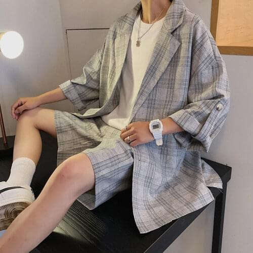 2021 Mens Plaid Printing Suit Collar Shirts Fashion Trend Coats High Quality Casual Loose Short Sleeves Grey Color Shirt M-XL