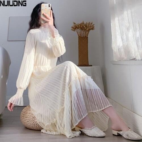 2021 Spring Summer Elegant Women Lace Dresses Flare Sleeve Half Turtleneck Elastic Waist Party Dress Mujer Vestidos With Lining