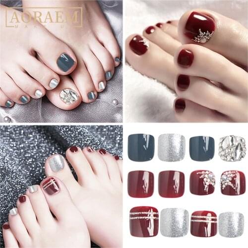 AORAEM Rhinestone 24pcs with Glue False Nails Tip for Toe Fake Nail Shining Silver Grey Foot Artificial Nails Wine Red Toenail