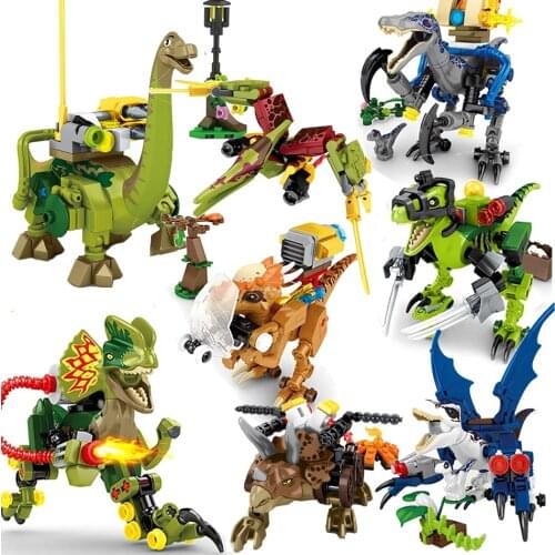8Pcs/Set Dino Pterodactyl Velociraptor T-Rex Triceratops Building Blocks Jurassic Dinosaurs World 2 Bricks Toys For Children
