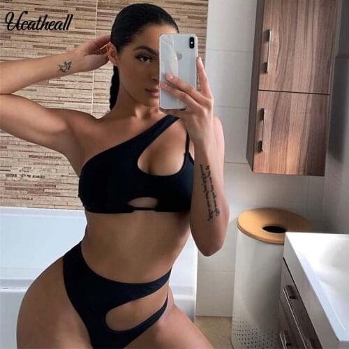 One Shoulder Thong Bikinis 2021 Mujer Bathers High Cut Swimwear Women Biquini Bandeau Push Up Swimsuit Female Bathing Suit