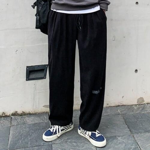 Spring new simple Korean version of the trend letter beam foot tooling old loose casual pants mens thin straight wide leg pants